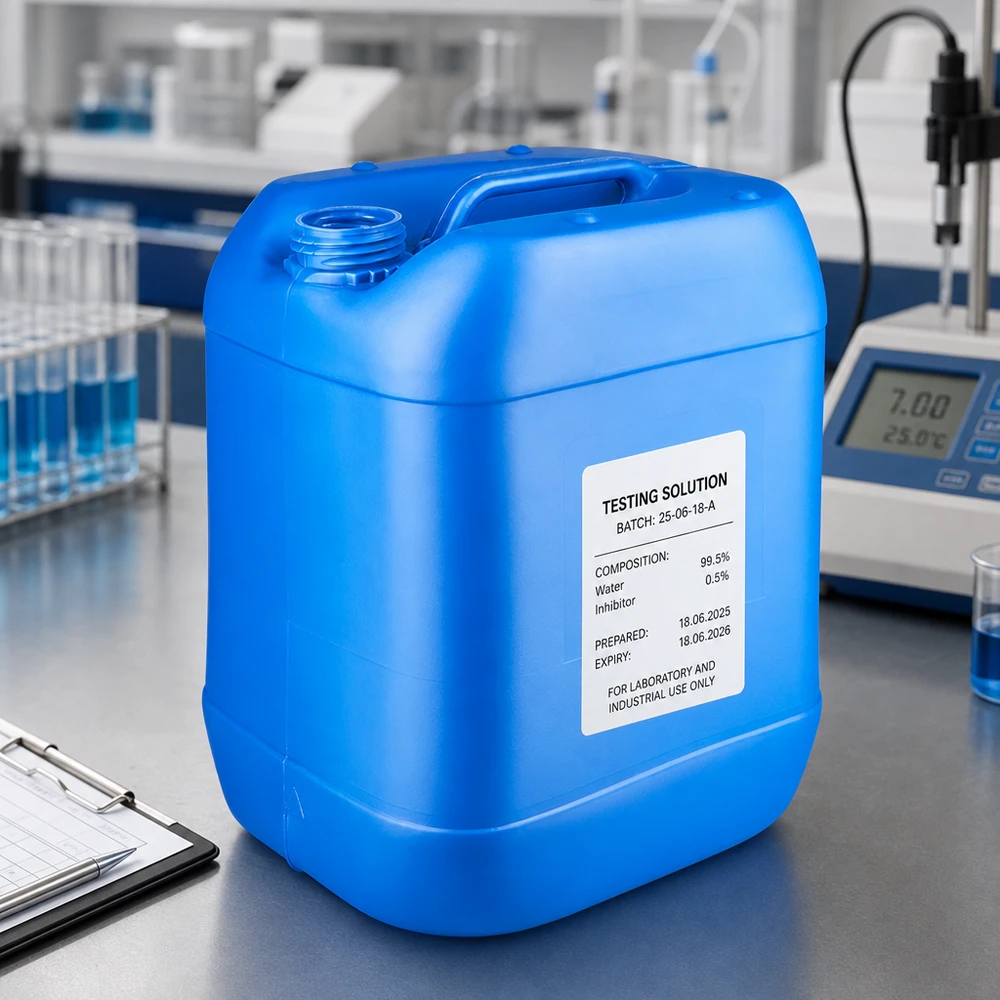 Industriekanister 20L in Blau mit Etikett im Laborumfeld ohne Schraubverschluss