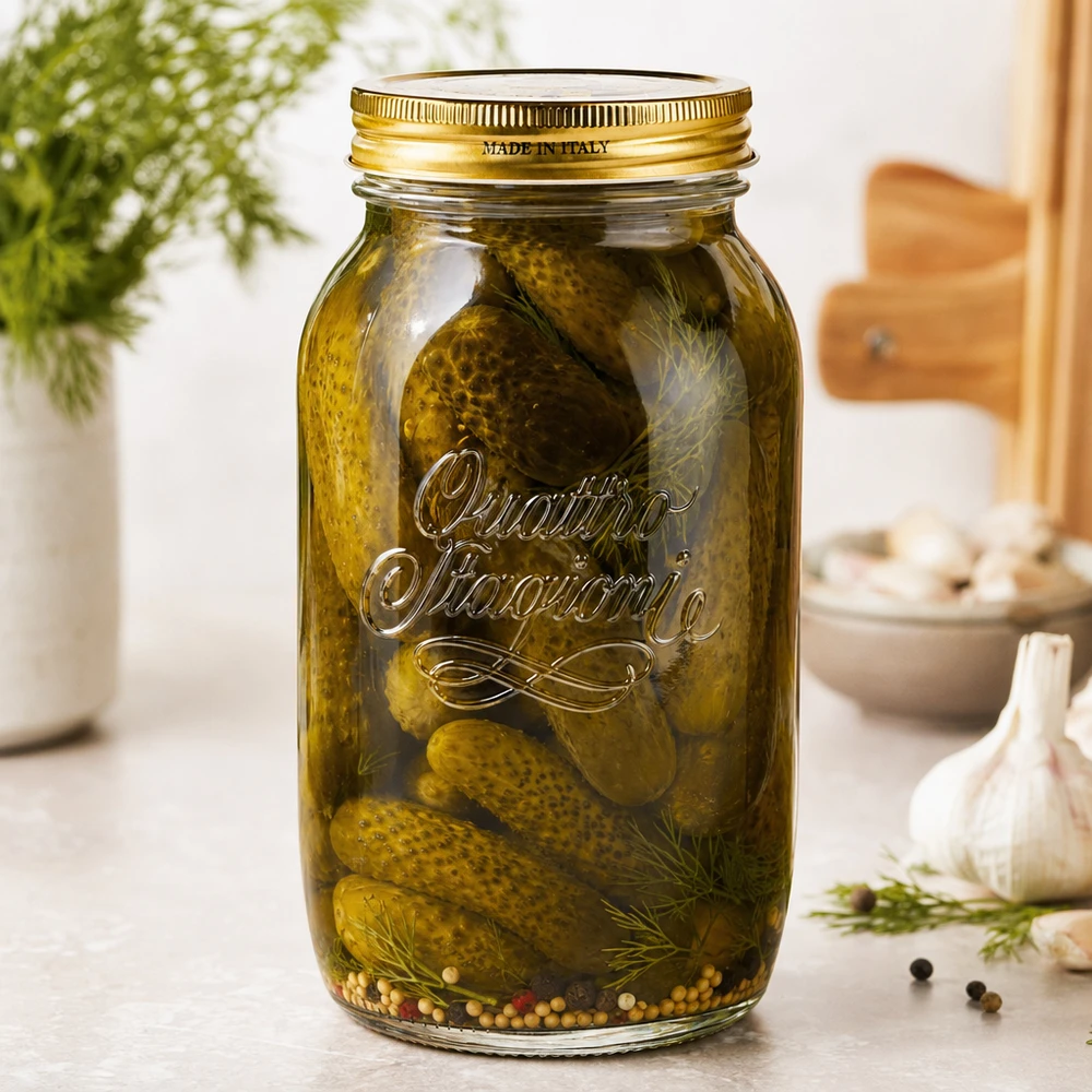Quattro Stagioni 1500ml Einmachglas mit eingelegten Gurken und Dill gefüllt Küchenambiente italienisches Konservenglas