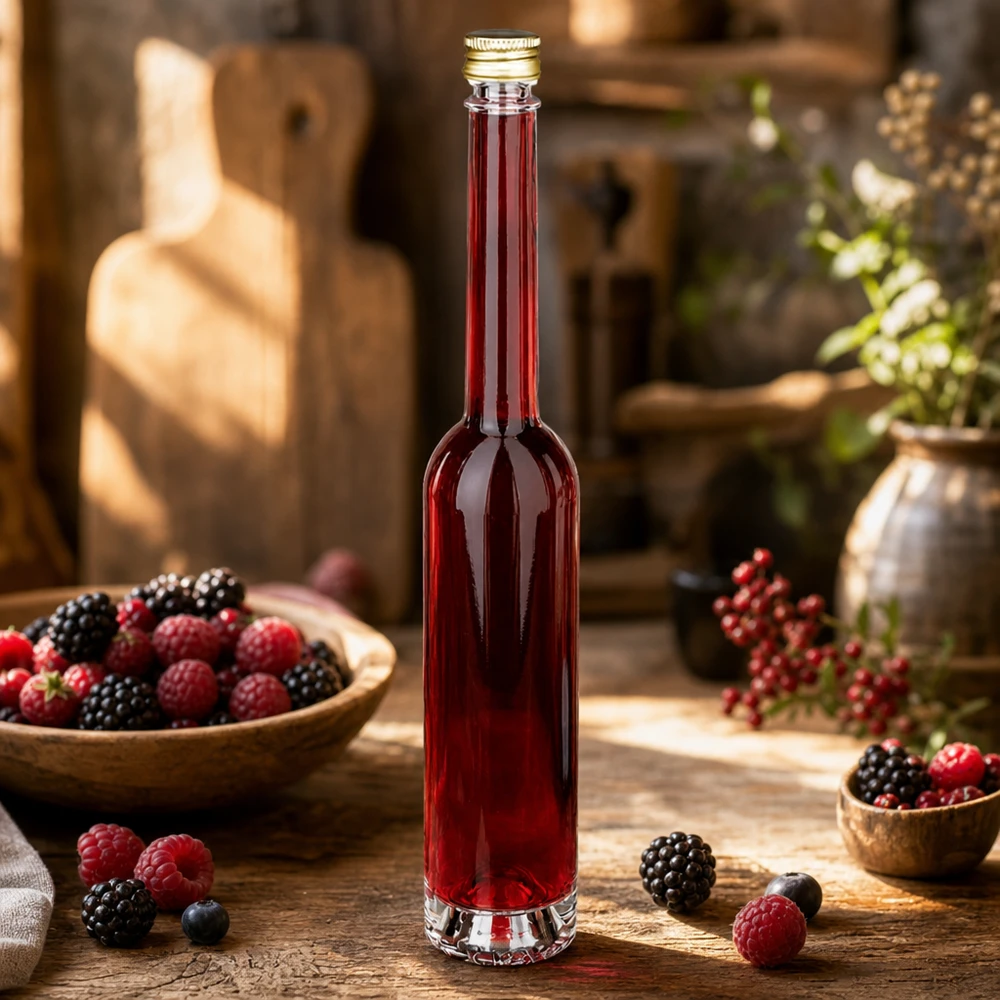 100ml Glasflasche "Toni" mit Schraubverschluss gold UNiTWIST 100ml Glasflasche Toni mit Beerenlikör gefüllt - UNiTWIST Goldverschluss in rustikaler Küche mit frischen Beeren