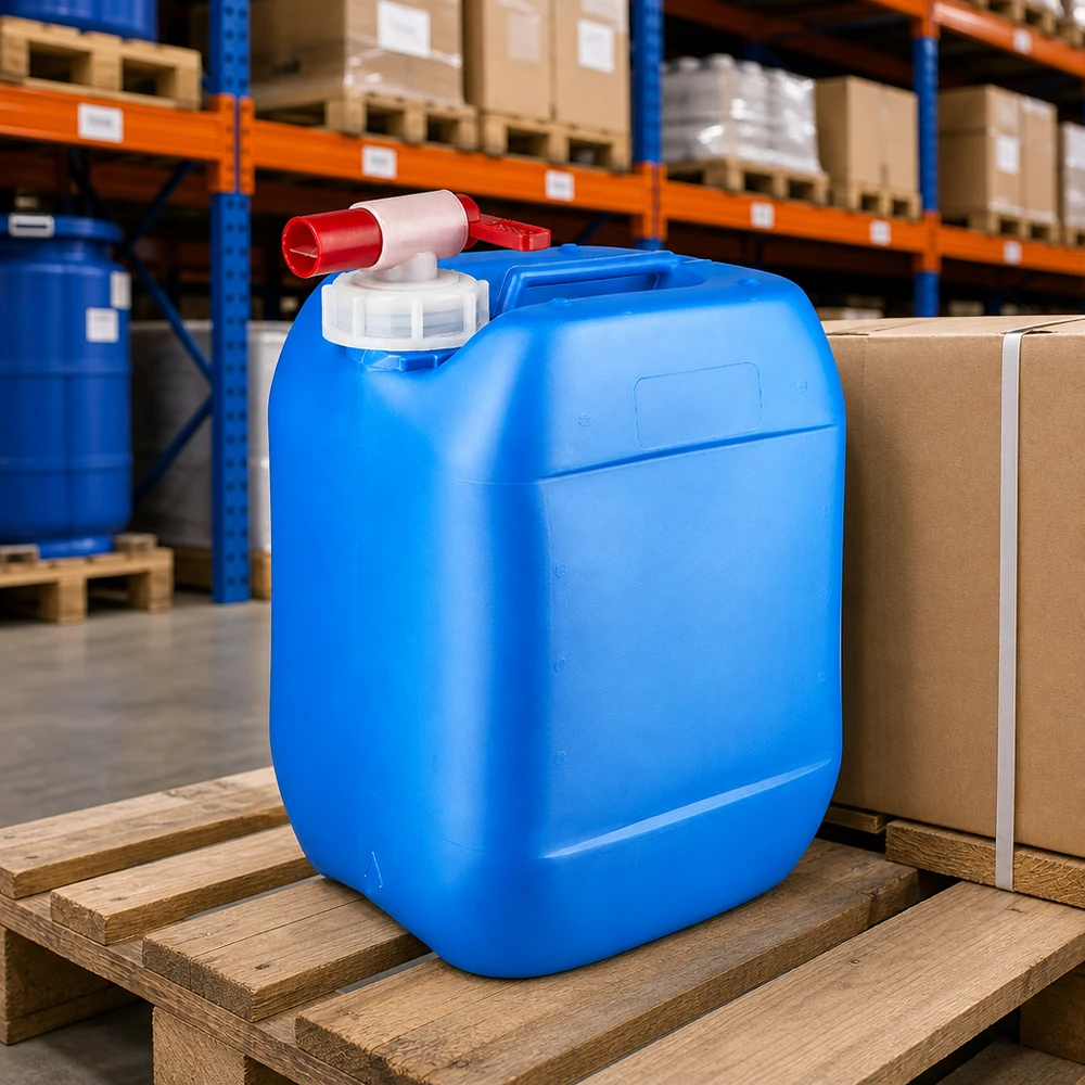 Tragbarer Flüssigkeitsbehälter 10 L blau mit rotem Zapfhahn zur sicheren Chemikalienlagerung