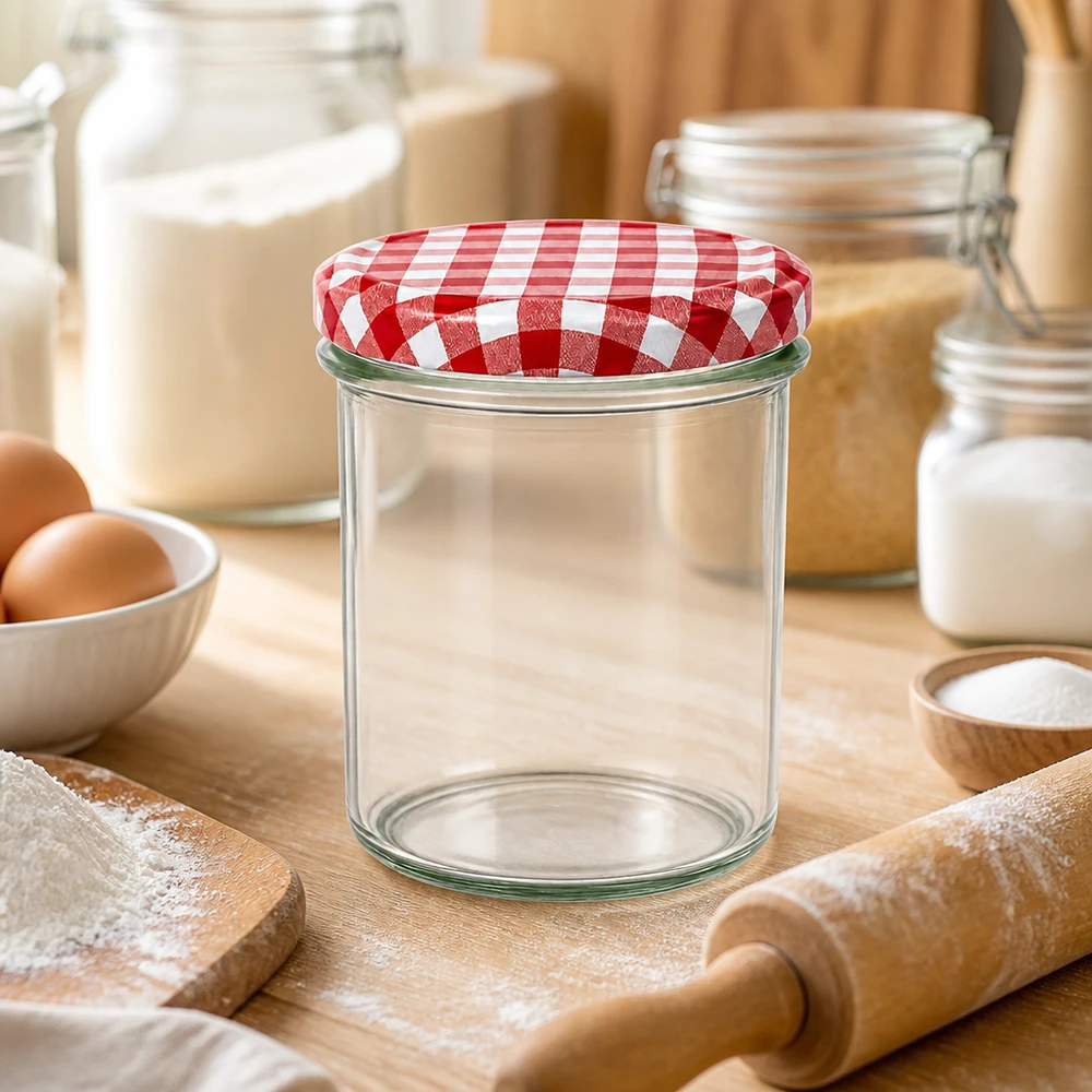 350ml Sturzglas + BasicSeal Deckel rot/weiß UNiTWIST 350ml Sturzglas leer in Küchenumgebung mit Backzutaten, rot-weiß karierter Deckel, Mehl und Nudelholz