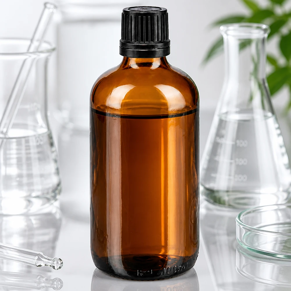 Apothekenflasche braun 100ml Tropfverschluss Premium 1mm schwarz Originalitätsverschluss Braunglas Flasche 100ml mit OV-Verschluss schwarz umgeben von Erlenmeyerkolben und Laborglas