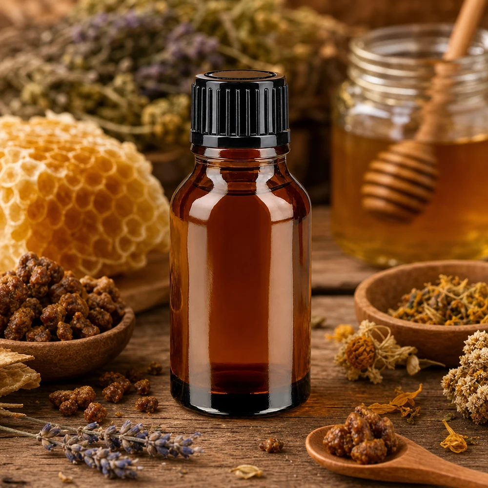 Apothekenflasche braun 15ml Schraubverschluss schwarz Standard Kleine Braunglasflasche 15ml mit schwarzem Deckel umgeben von Propolis Wachs und Trockenblumen