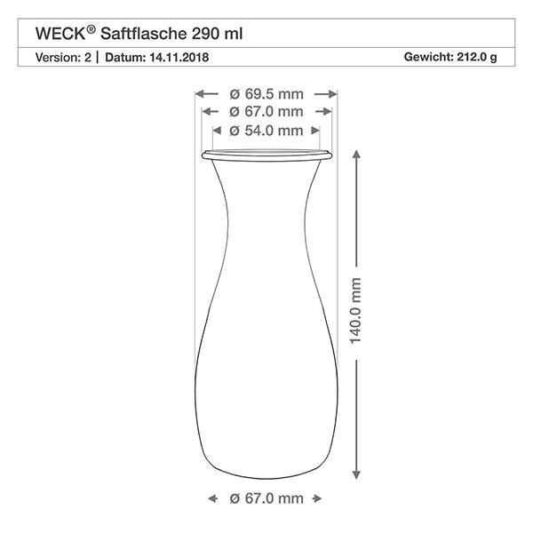 290ml Saftflasche mit Glasdeckel WECK RR60 Technische Zeichnung WECK Saftflasche 290ml RR60 mit Maßangaben und Gewicht 212g, detaillierte Produktspezifikation