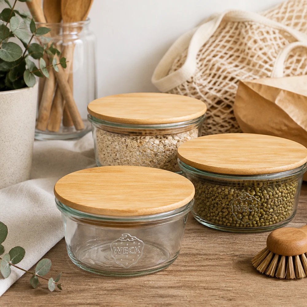 WECK Mini Sturzglas 50ml Set mit Bambusdeckel in nachhaltiger Zero-Waste Küche neben Vorratsgläsern und Naturbürste