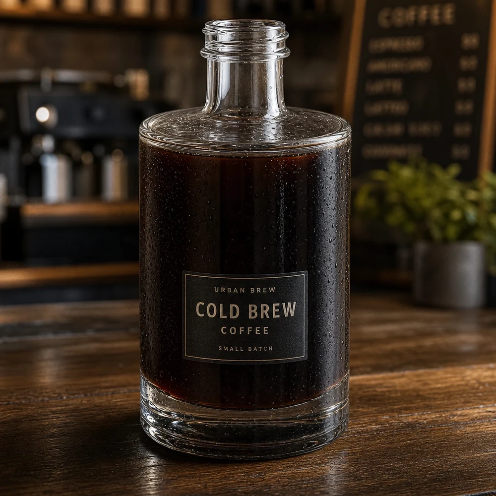 375ml Glasflasche Sam mit Cold Brew Coffee befüllt in stylischer Kaffeebar-Atmosphäre präsentiert