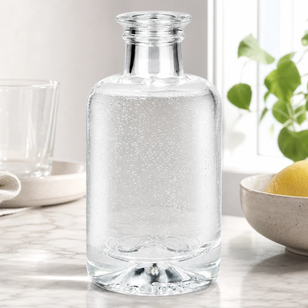 100ml Glasflasche Sofia mit Sprudelwasser befüllt auf weißer Küchenarbeitsplatte neben Zitronen und Pflanze