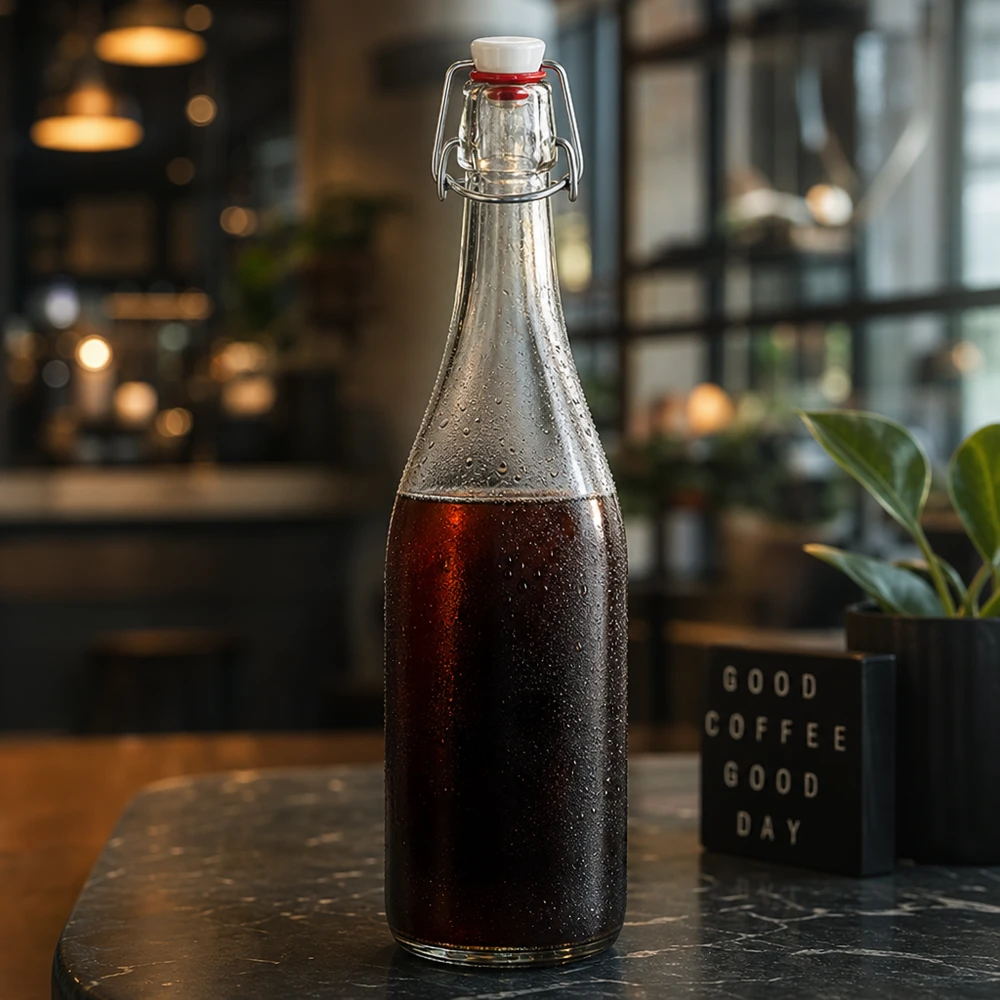 750ml Glasflasche Bügelverschluss mit Cola gefüllt Café Atmosphäre cold brew coffee ambient Beleuchtung stylisch