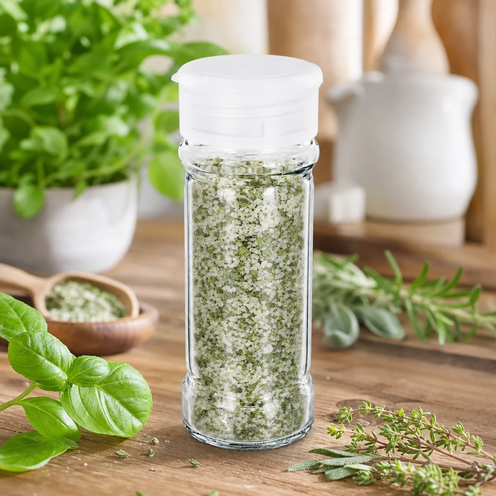 Salz-/Gewürzglas 100ml mit Streuer weiss Zylindrisches Salzglas 100ml aus Klarglas mit weißem Kunststoffstreuer und frischen Kräutern