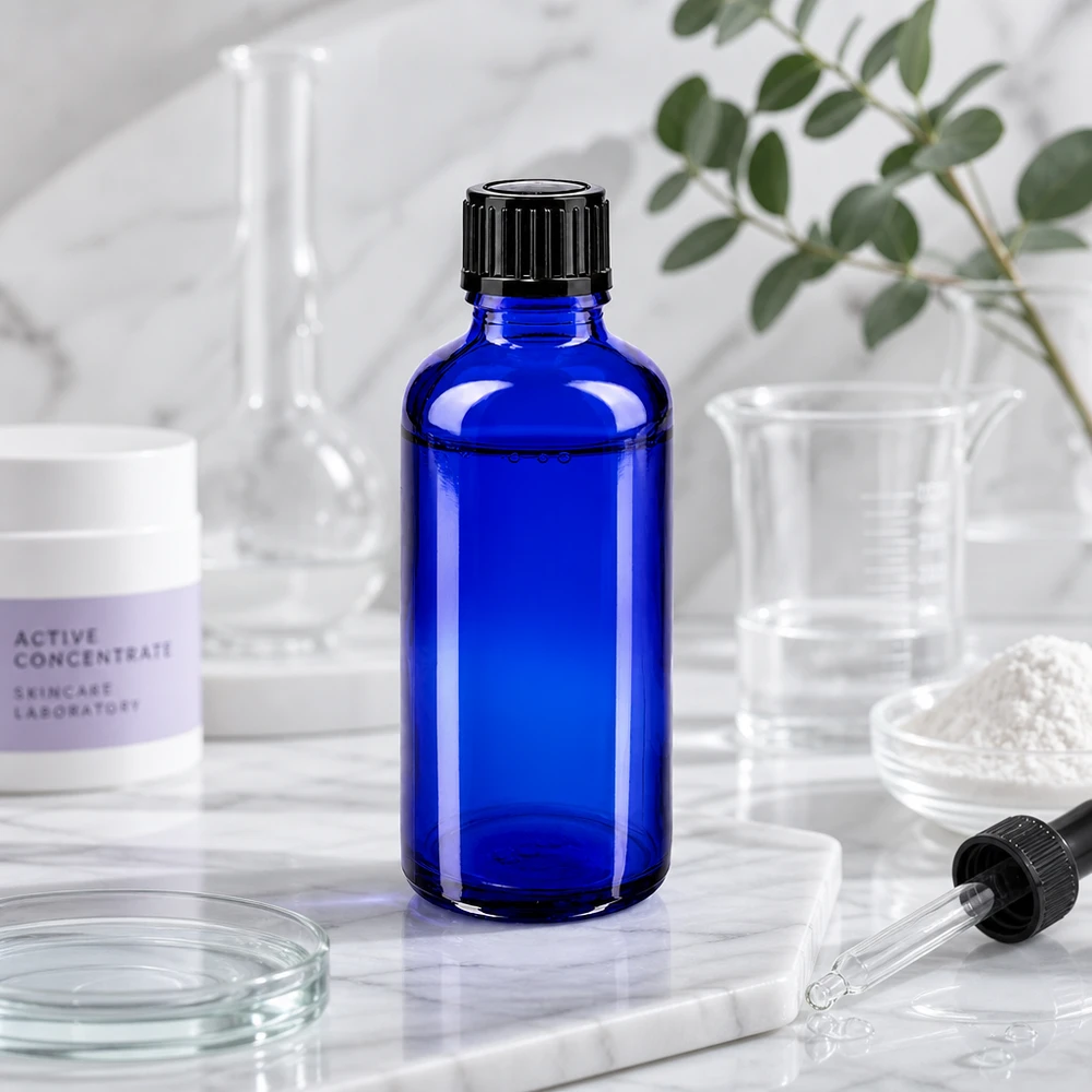 Blaue 50ml STD-Tropfflasche neben Becherglas Pipette und weißem Aktivkonzentrat-Tiegel