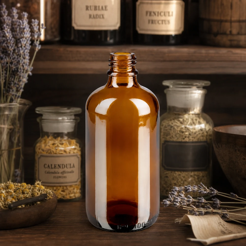Tropfflasche 100 ml DIN 18 aus Braunglas 100ml braune ApoGlas Apothekerflasche mit Calendula Kräutern und Lavendel in rustikaler Apotheken-Atmosphäre