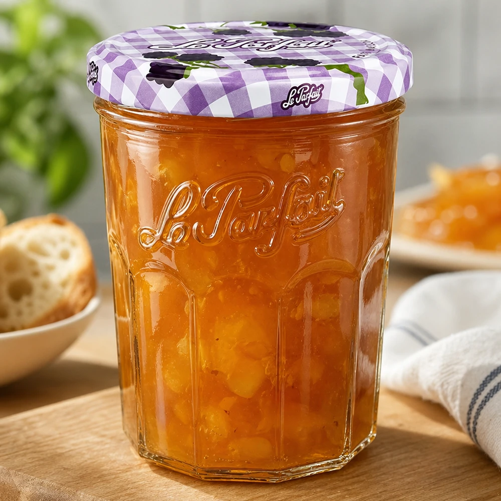 Le Parfait Sturzglas 385ml mit Orangenmarmelade gefüllt auf Holztisch neben Brot und Frühstücksgedeck