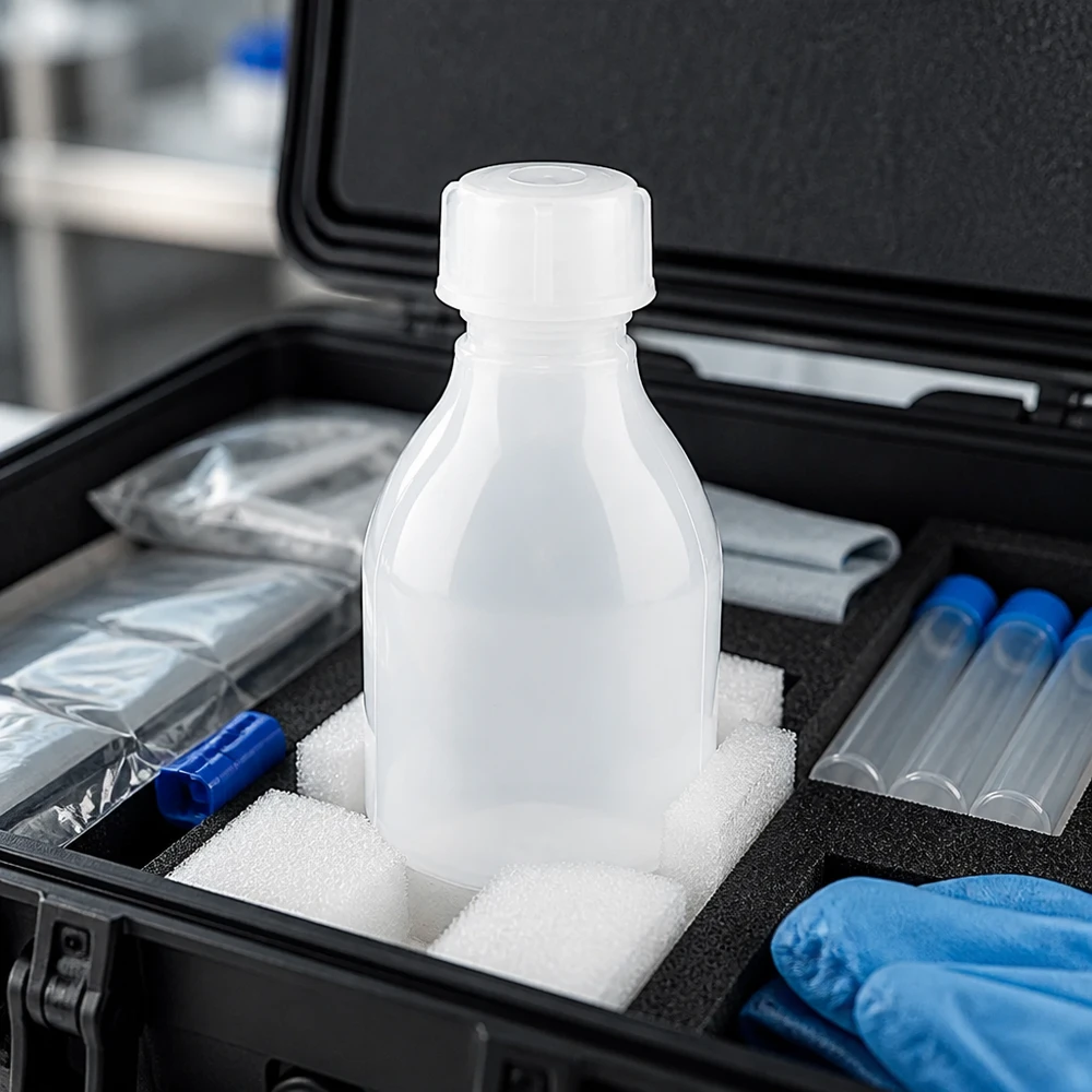 30ml Schraubflasche, Enghals Laborflasche 30ml Probenflasche aus weißem HDPE eingebettet in Schaumstoff eines mobilen Laborsets