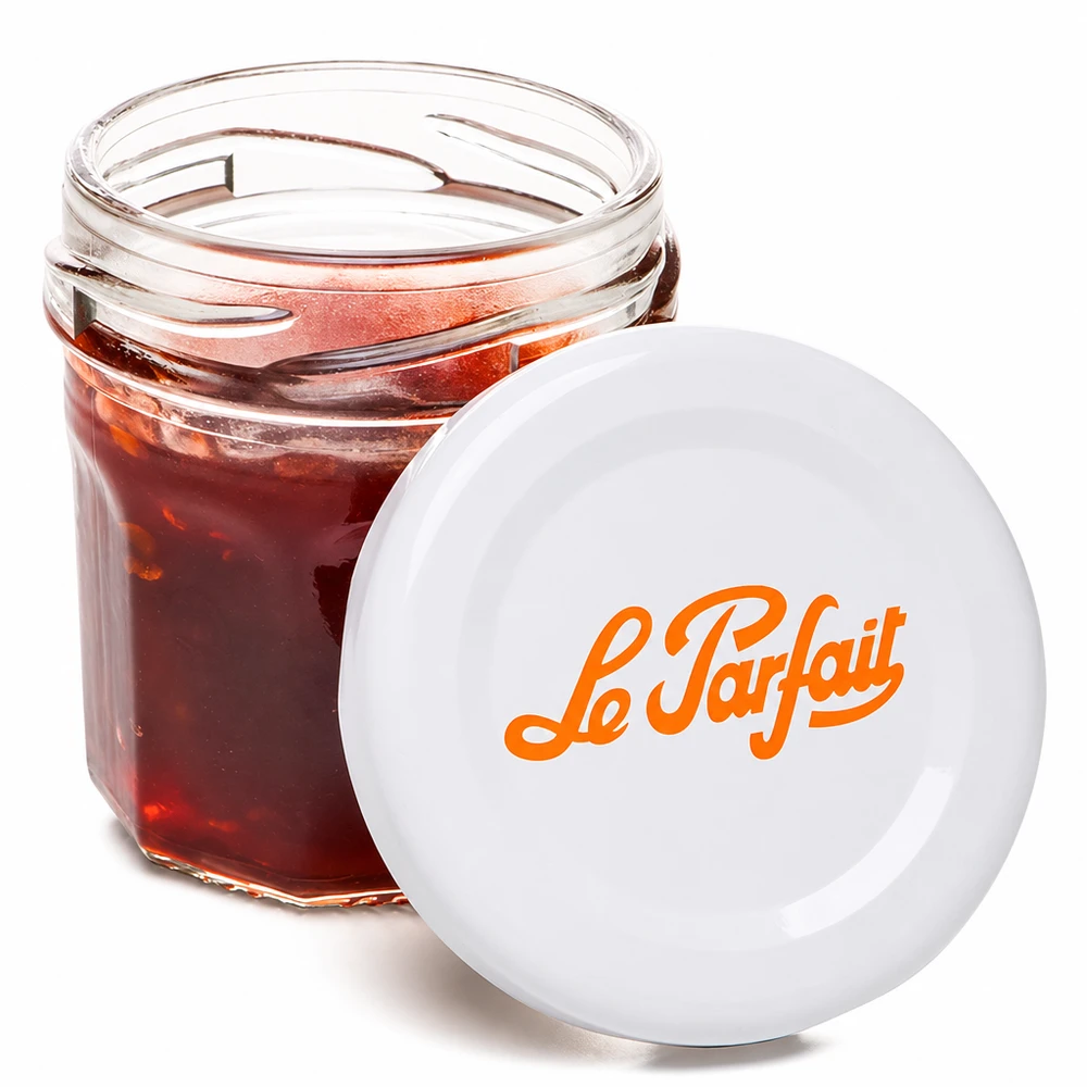 Le Parfait Mini-Sturzglas 44ml geöffnet mit roter Marmelade gefüllt und orangefarbenem Logo auf weißem Deckel