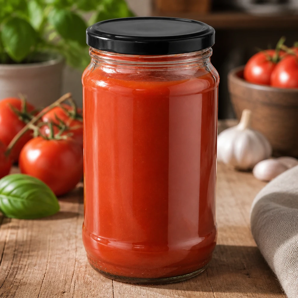 Einmachglas 370ml UNiTWIST BasicSeal schwarz mit selbstgemachter Tomatenpassata und Basilikum
