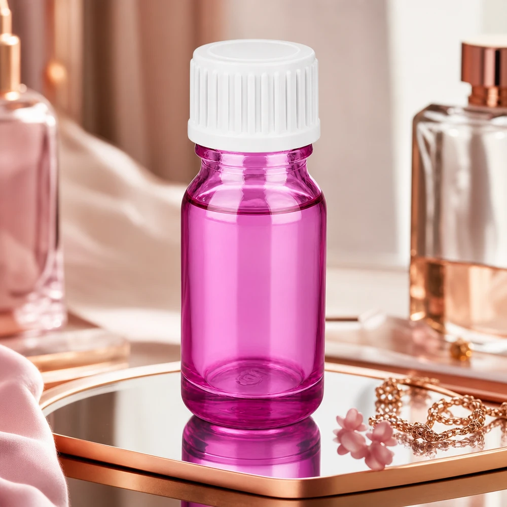 10ml (Globuli)Flasche.. 3mm Giessring weiß Standard PurpleLine. UT18/10 Elegante 10ml Designer Glasflasche in fuchsia für exklusive Beauty und Wellness Produkte