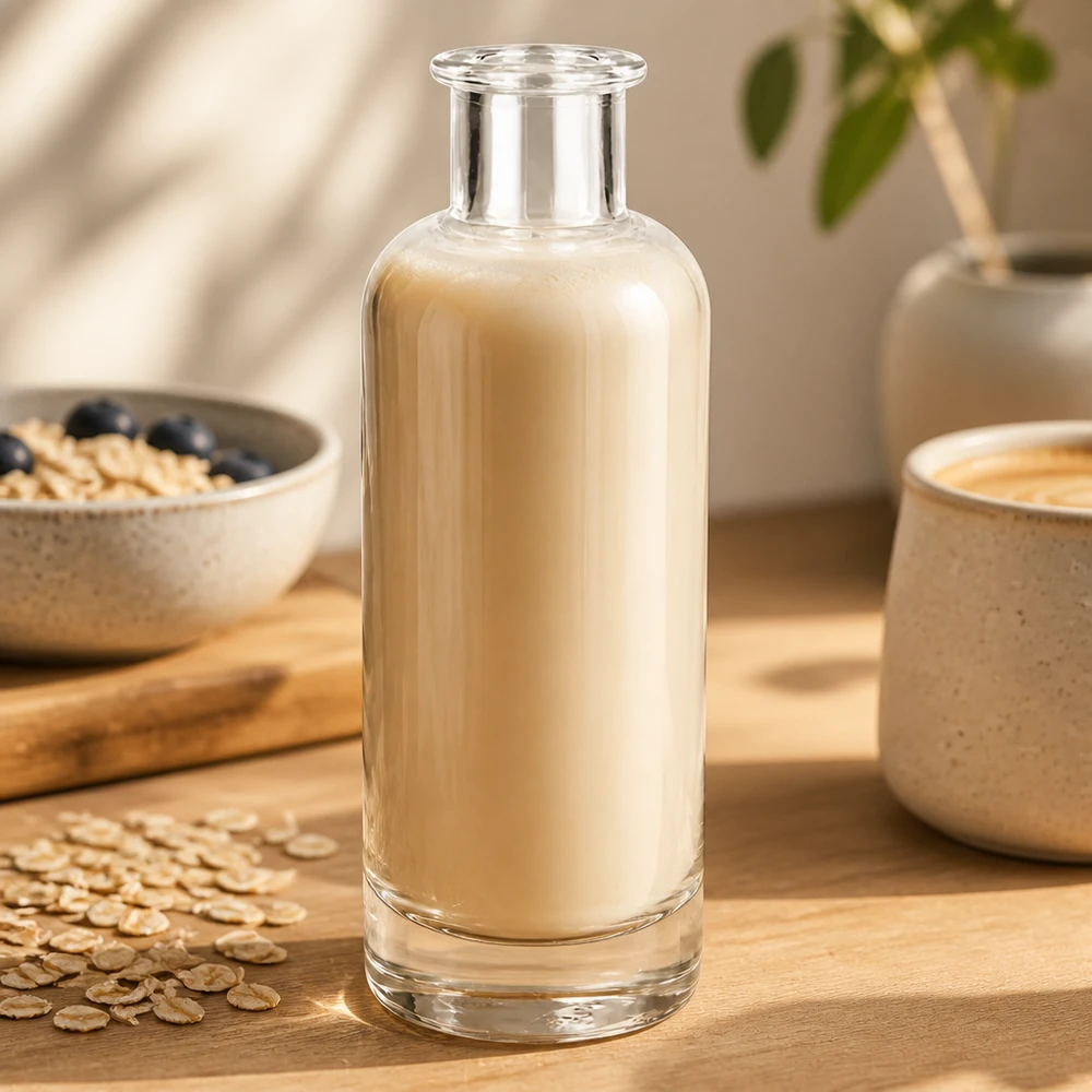 200ml Glasflasche "Ella" ohne Verschluss UNiTWIST 200ml Glasflasche Ella mit Hafermilch gefüllt auf Holztisch neben Haferflocken zeigt Verwendung für Pflanzenmilch