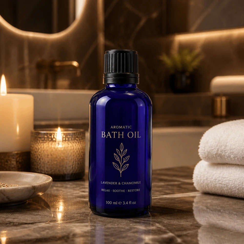Apothekenflasche blau 50ml Schraubverschluss schwarz Giessring Originalitätsverschluss Schlanke blaue Apothekerflasche 50ml mit 8mm OV auf Marmor in warmem Kerzenlicht