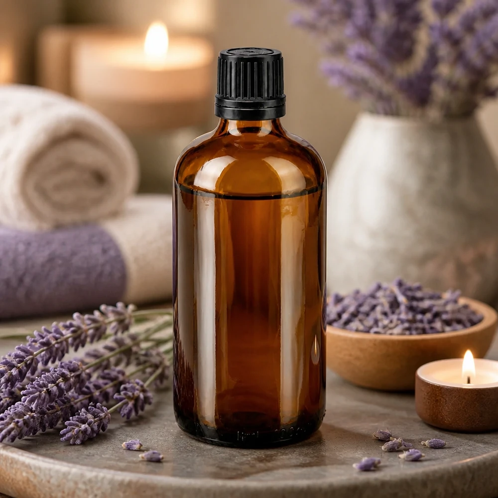 100ml Apothekerflasche aus Braunglas mit schwarzem Schraubverschluss im Wellness-Setting