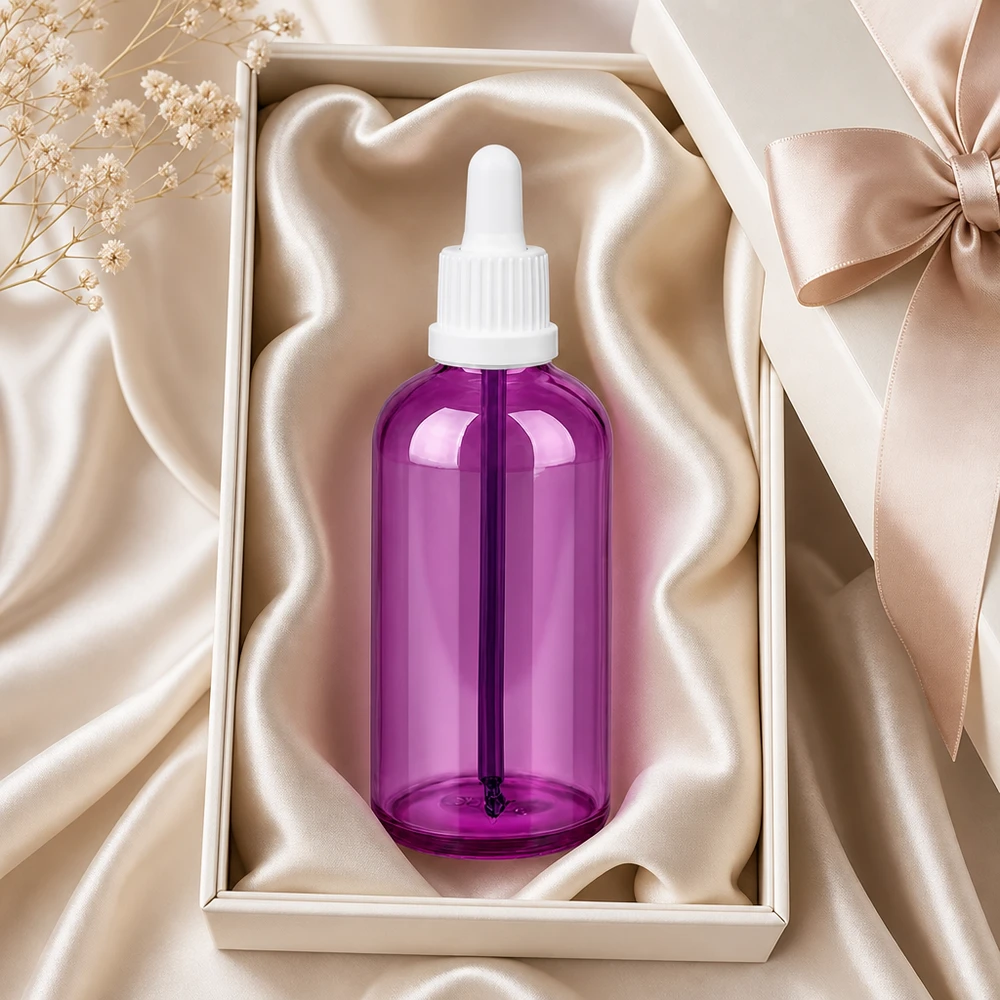 100ml Pipettenflasche weiss Originalität Schraubverschlusserschluss PurpleLine UT18/100 100ml Glasflasche mit weißem OV Verschluss in attraktiver Purpur-Optik für Beauty-Produkte