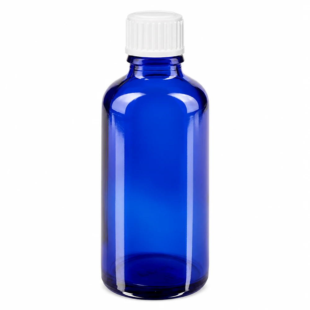 Apothekenflasche blau 50ml Schraubverschluss weiß Globuli Standard Blaue 50ml Tropfflasche aus hochwertigem Apothekerglas mit kindersicherem weißen Schraubverschluss