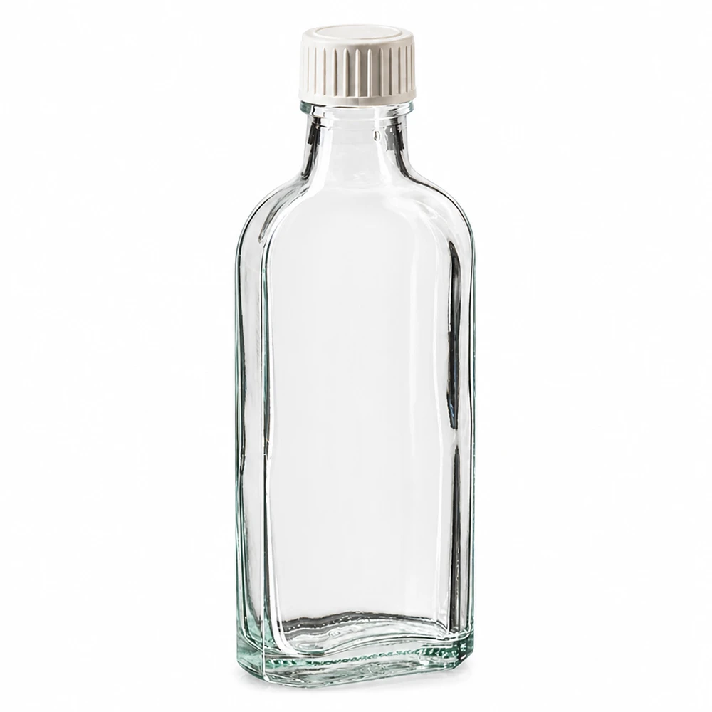 Flache rechteckige Klarglasflasche 100ml mit kindersicherem Weißdeckel