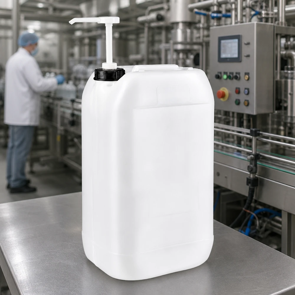 Kanister 15 Liter mit Dosierpumpe 15 Liter Industriekanister mit Dosierpumpe in lebensmittelverarbeitendem Betrieb mit Abfüllanlage
