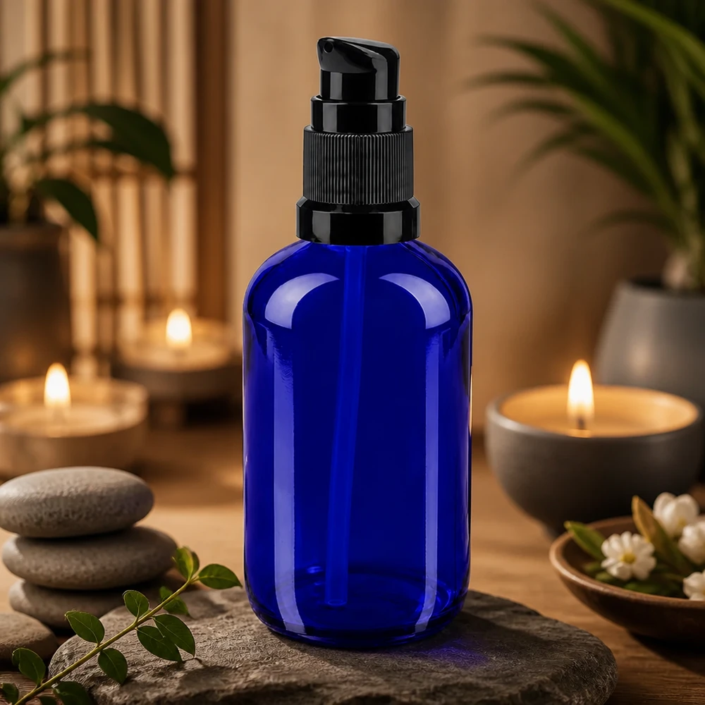 Apothekenflasche blau 100ml PumpVerschluss schwarz Standard Kobaltblaue Apotheker-Pumpflasche 100ml neben Kerzen und weißen Blüten auf Naturstein