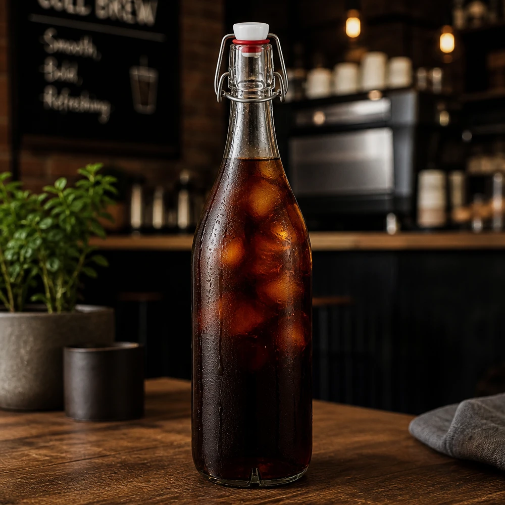 1000ml Glasflasche und Bügelverschluss PVC UNiTWIST 1000ml Glasflasche mit Bügelverschluss gefüllt mit Cola und Eis in stylischer Café-Atmosphäre Lifestyle-Anwendung