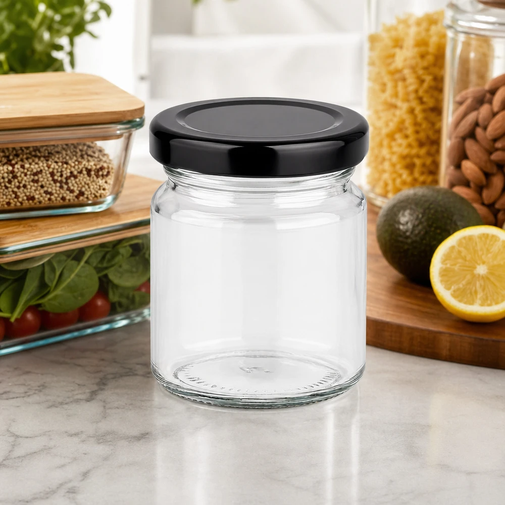 53ml Rundglas mit BasicSeal Deckel schwarz UNiTWIST 53ml Rundglas mit schwarzem Deckel leer auf Marmorplatte Küchenorganisation stilvolle Aufbewahrung kleine Portionen