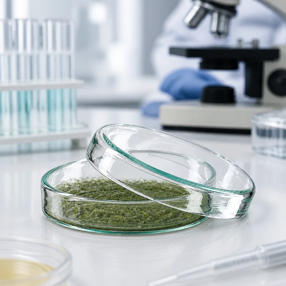 Petrischale aus Borosilikatglas 60x15 mm mit biologischem Probenmaterial befüllt