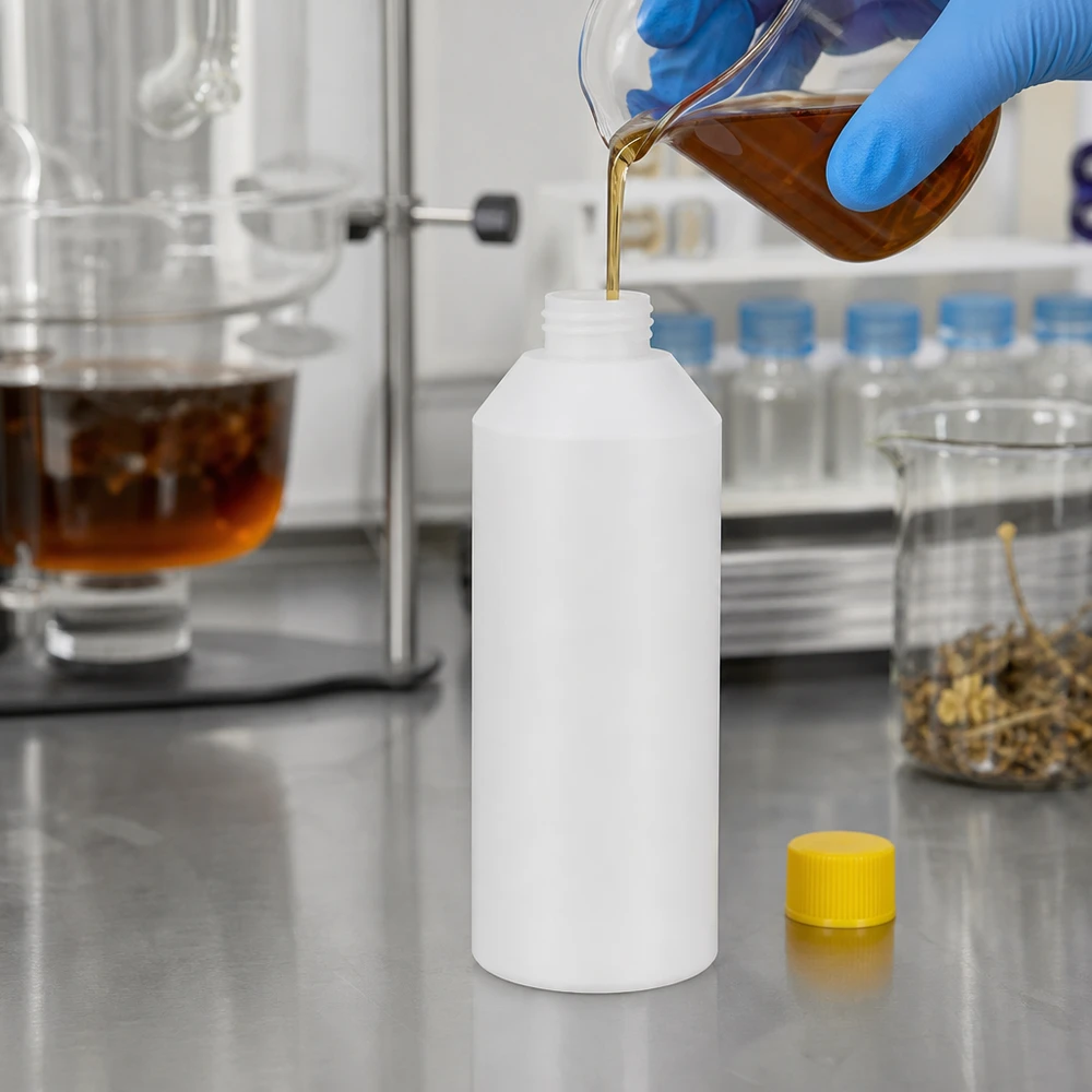 Apothekenflasche HDPE 250ml weiß, mit gelbem Schraubverschluss Chemikalienbeständige HDPE Apothekenflasche 250ml weiss mit gelbem SV für Extrakte