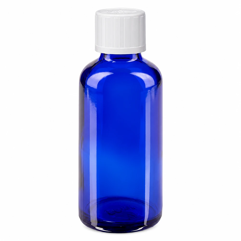 Apothekenflasche blau 50ml Schraubverschluss weiß Kindersicherung Standard Blaue Glasflasche 50ml mit weißem Schraubverschluss und Kindersicherung Standard