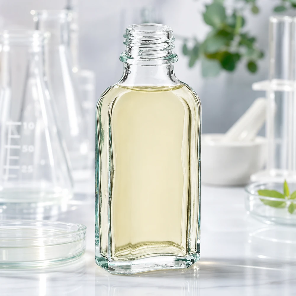 Rechteckige Klarglasflasche 50 ml Meplat mit DIN22 Gewinde im Laborumfeld