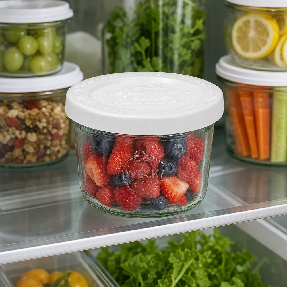 80ml WECK Sturzglas RR60 mit gemischten Beeren im Kühlschrank neben anderen Vorratsgläsern mit Gemüse und Obst