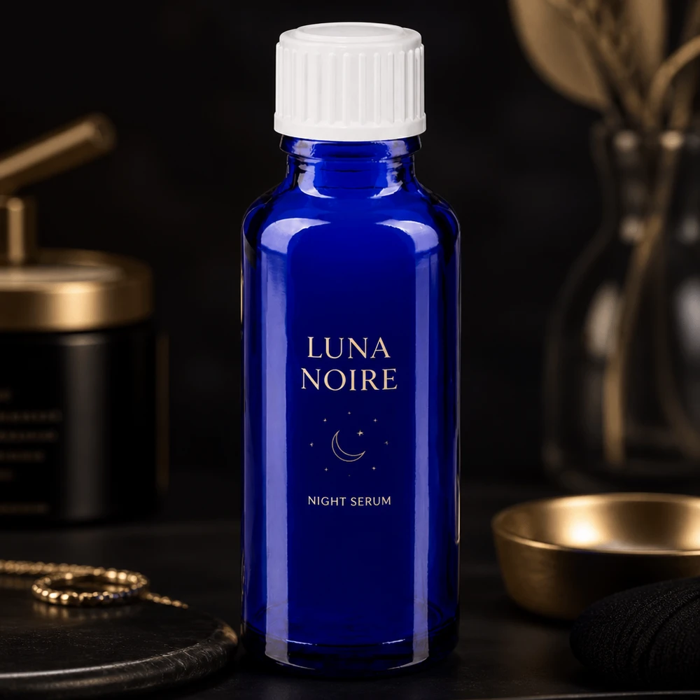Apothekenflasche blau 30ml Schraubverschluss weiß Standard Blaue 30ml Serumflasche aus Glas mit kindersicherem Weißverschluss vor dunklem Luxus-Hintergrund