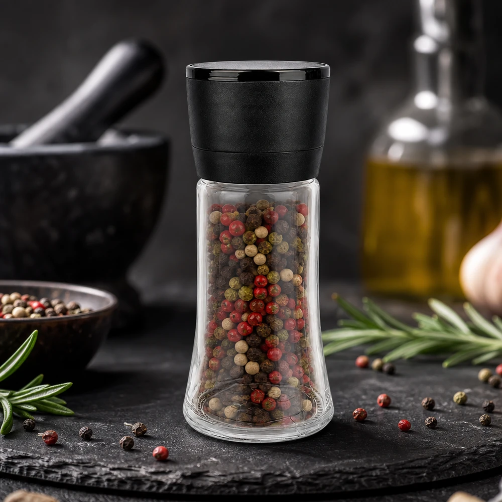 Gewürzmühle 95ml mit schwarzem Kunststoffkopf und zylindrischem Klarglasbehälter für Pfefferkörner