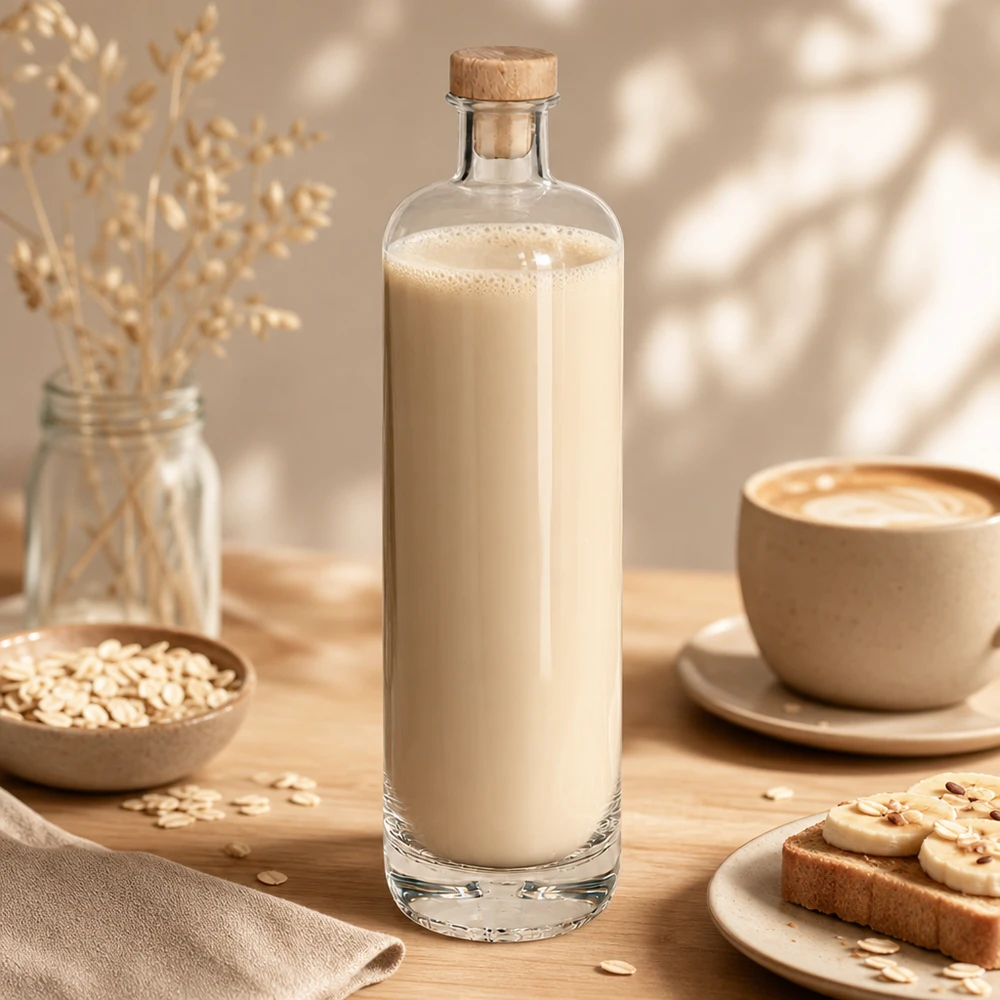 700ml Glasflasche "Eleganz" mit Holzgriffkorken UNiTWIST® 700ml Glasflasche Ella mit cremigem Hafermilch-Inhalt und Holzkorken in gemütlicher Frühstücks-Szene mit Haferflocken