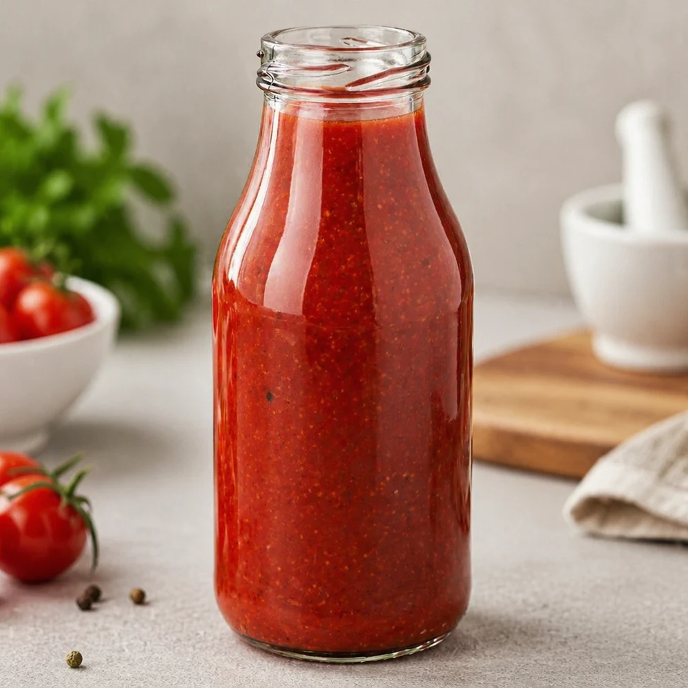 UNiTWIST Glasflasche 263ml mit roter Tomatensoße gefüllt in moderner Küche - perfekt für Saucen und Aufbewahrung