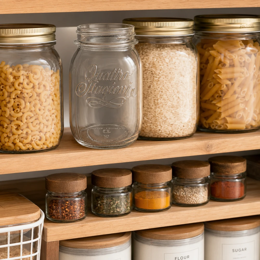 500ml Quattro Stagioni Haushaltsglas für Küche Vorratshaltung mit Pasta Reis Gewürzen auf Holzregal im modernen Pantry D