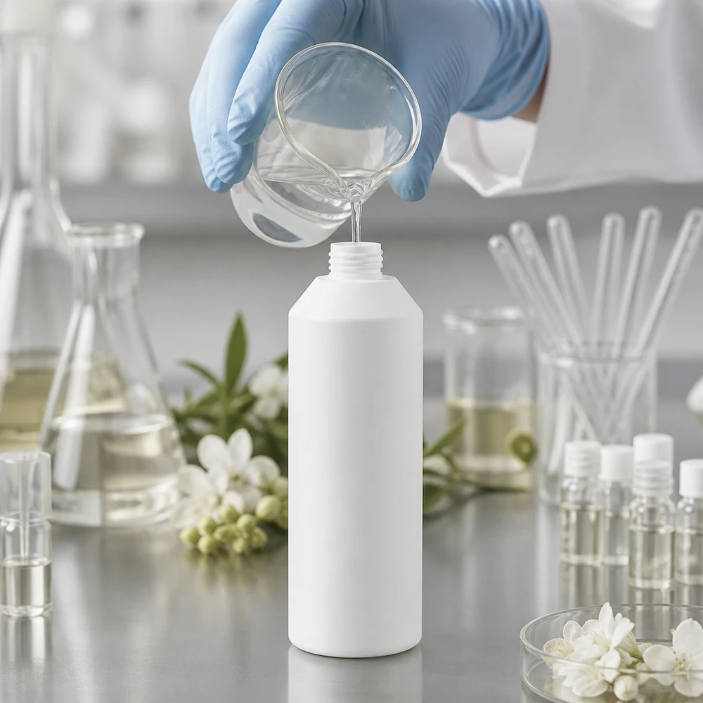 Befüllung einer weißen 250ml Apothekenflasche HDPE mit klarer Flüssigkeit im Labor