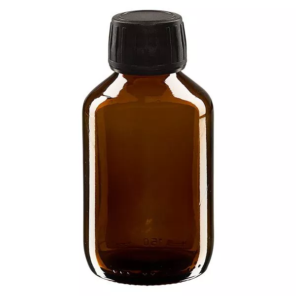 150ml Medizinflasche braun, Verschluss schwarz mit Originalitätsring ApoGlas 150ml Medizinflasche braun, Verschluss schwarz mit Originalitätsring ApoGlas