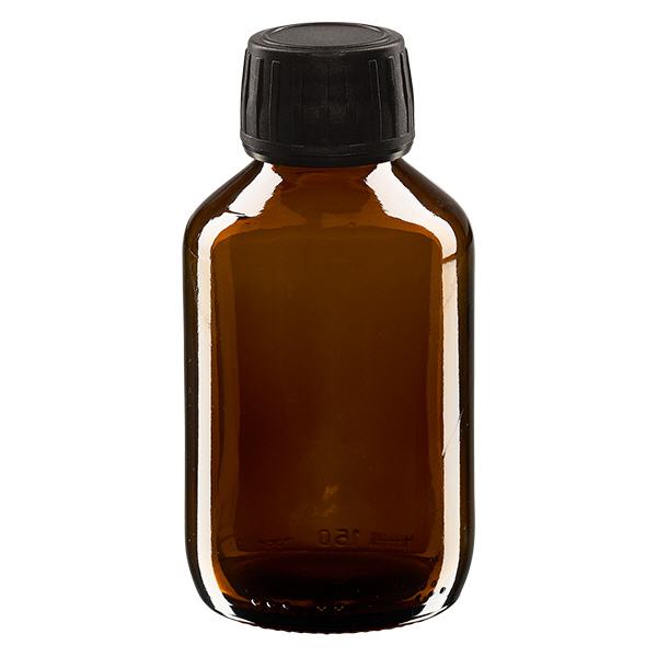 150ml Medizinflasche braun, Verschluss schwarz mit Originalitätsring ApoGlas 150ml Medizinflasche braun, Verschluss schwarz mit Originalitätsring ApoGlas