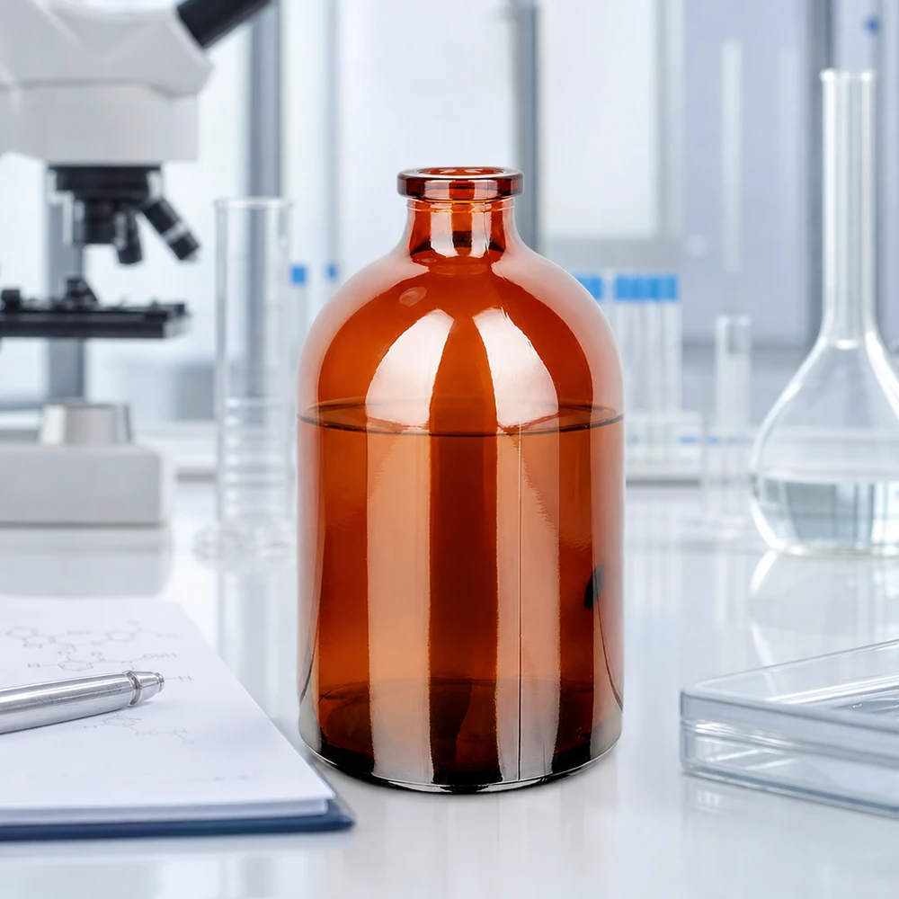 Injektionsflasche Braunglas 100ml Braunglas Injektionsflasche 100ml mit charakteristischer Schulterform und engem Flaschenhals im Labor
