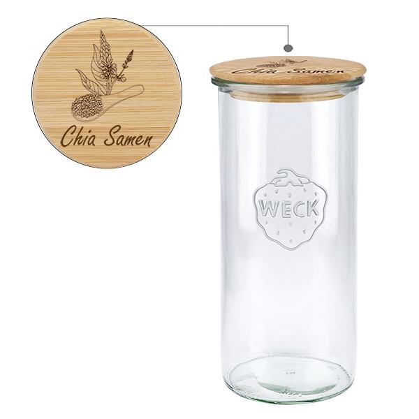 Holzdeckelset "Chia Samen" mit WECK Glas 1500ml Holzdeckelset "Chia Samen" mit WECK Glas 1500ml