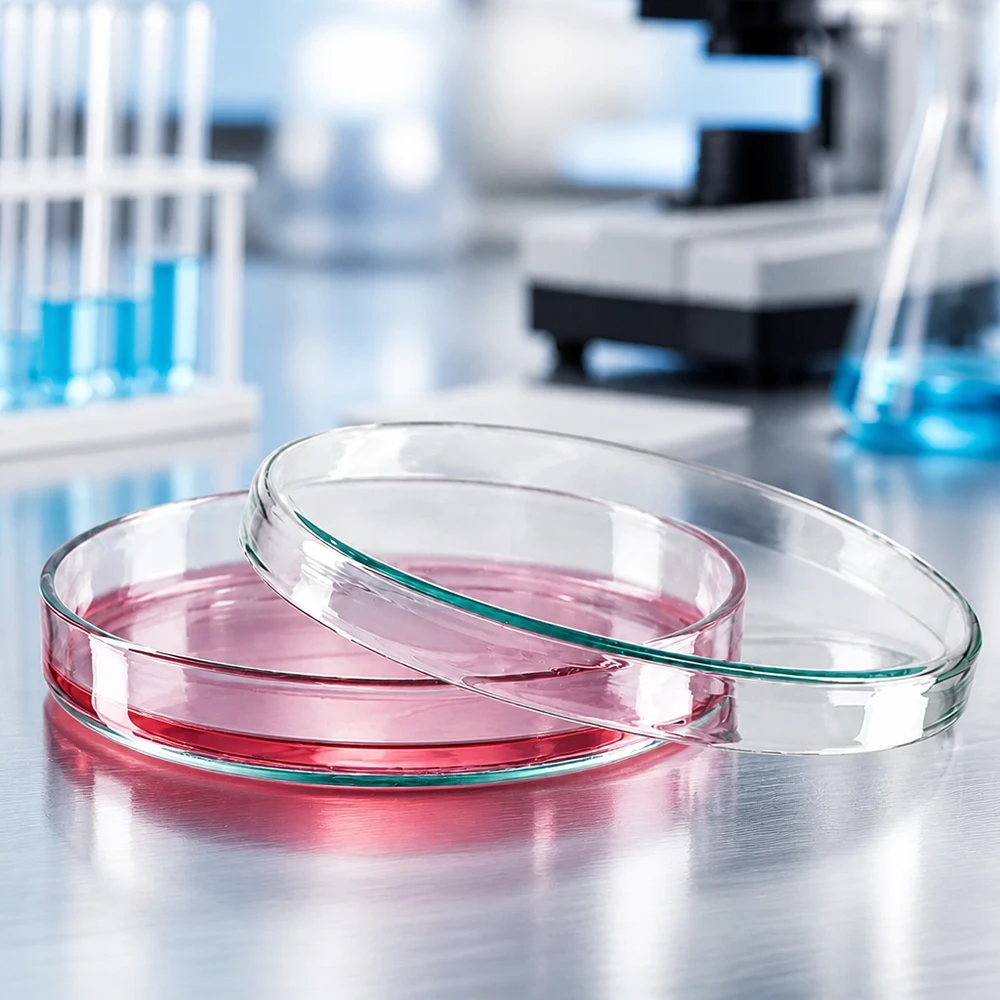 Petrischale 100mm Glas mit rosa Zellkulturmedium DMEM für in vitro Zellanzucht