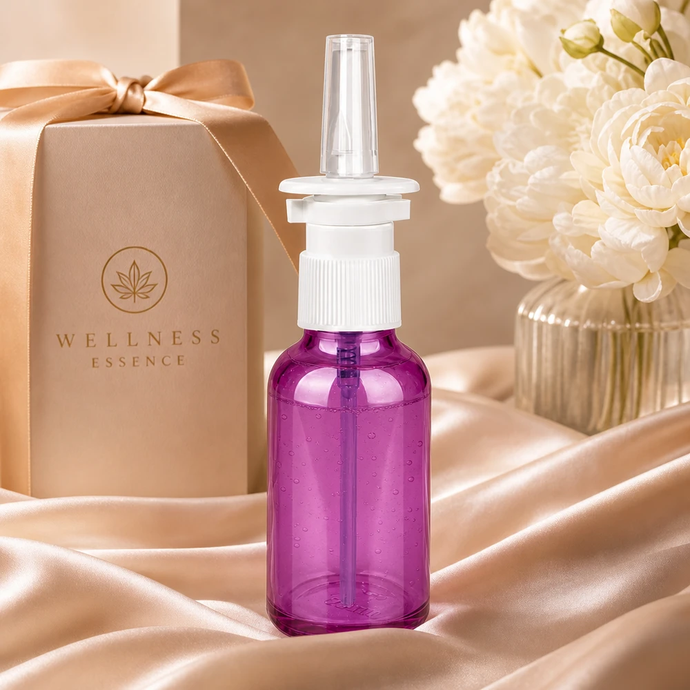 30ml Nasensprayflasche weiß/transparent Standard PurpleLine. UT18/30 Handliche 30ml Purple Nasensprayflasche mit weißem Applikator für hygienische und einfache Handhabung