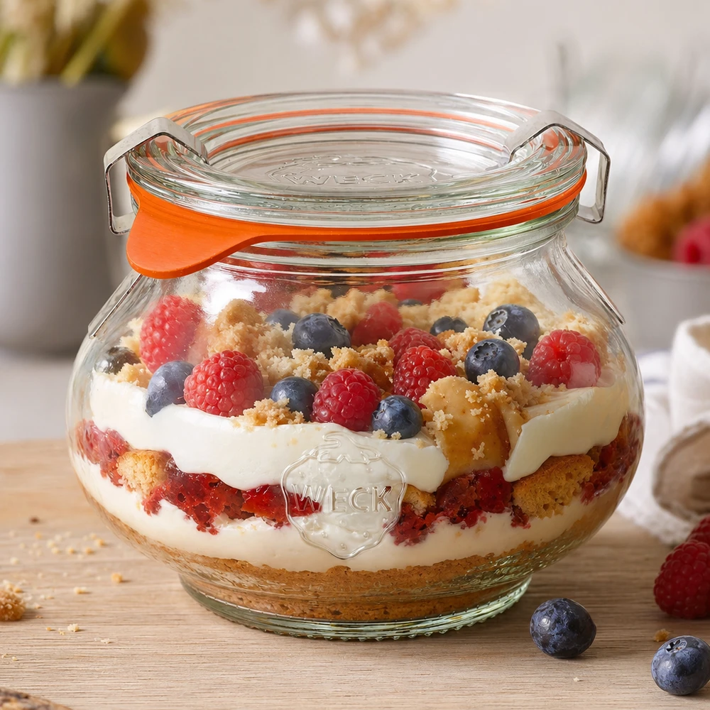 WECK Schmuckglas 220ml RR60 als Dessertglas mit Beeren-Schichtdessert, kreative Verwendung für Trifle und Nachspeisen