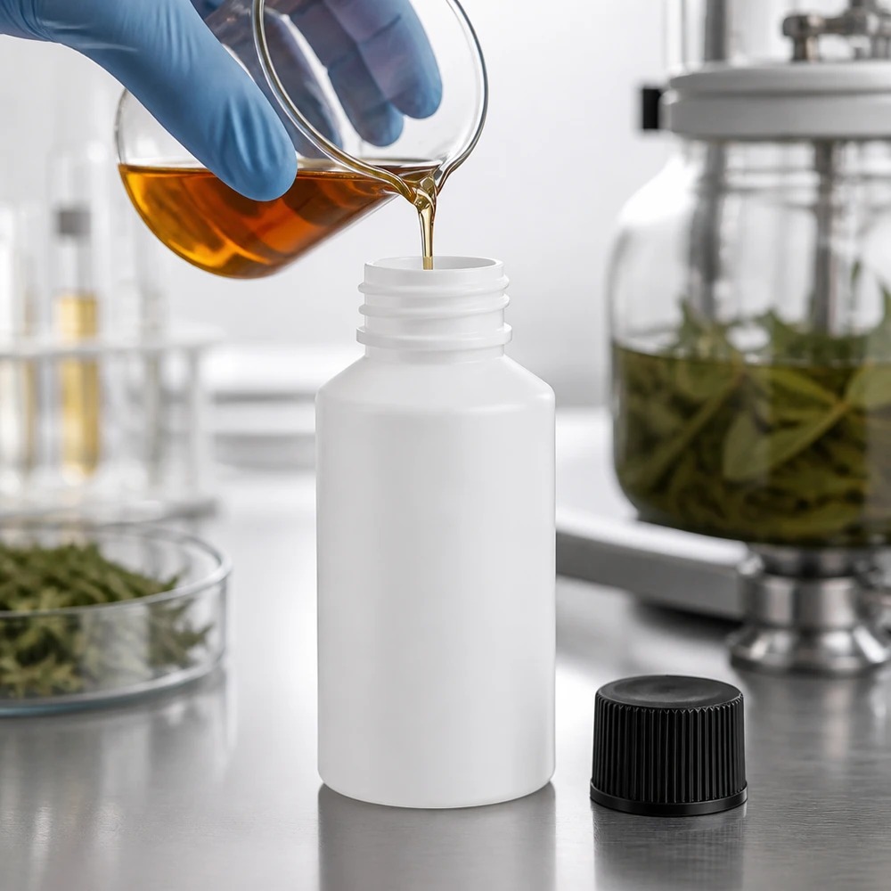 Befüllung einer weißen 50ml HDPE Flasche mit goldenem Kräuterextrakt in professionellem Labor