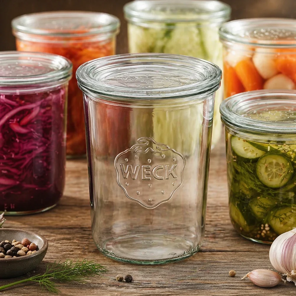 WECK Sturzglas 850ml RR100 leeres Einmachglas zwischen bunten Konserven zeigt zeitloses Design für Einkochen und Ferment